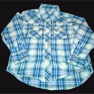Wrangler Boys Plaid Long Sleeve Western Shirt Size Small Blue & Green